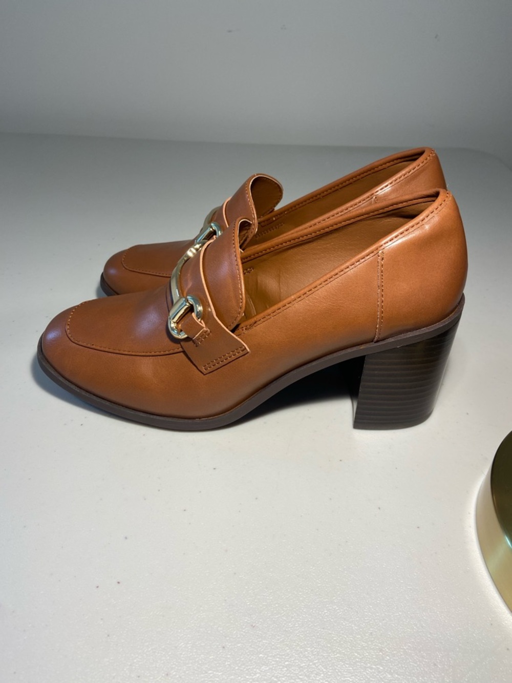 Lauren Blakwell Women’s Cognac Leather Block Heel Loafers SZ 8